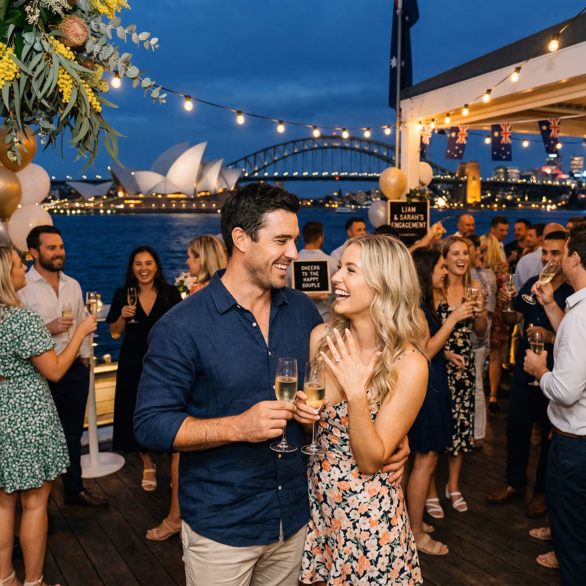 Couple celebrating with champagne at an outdoor party in Sydney, subclass 300 fiance visa fees