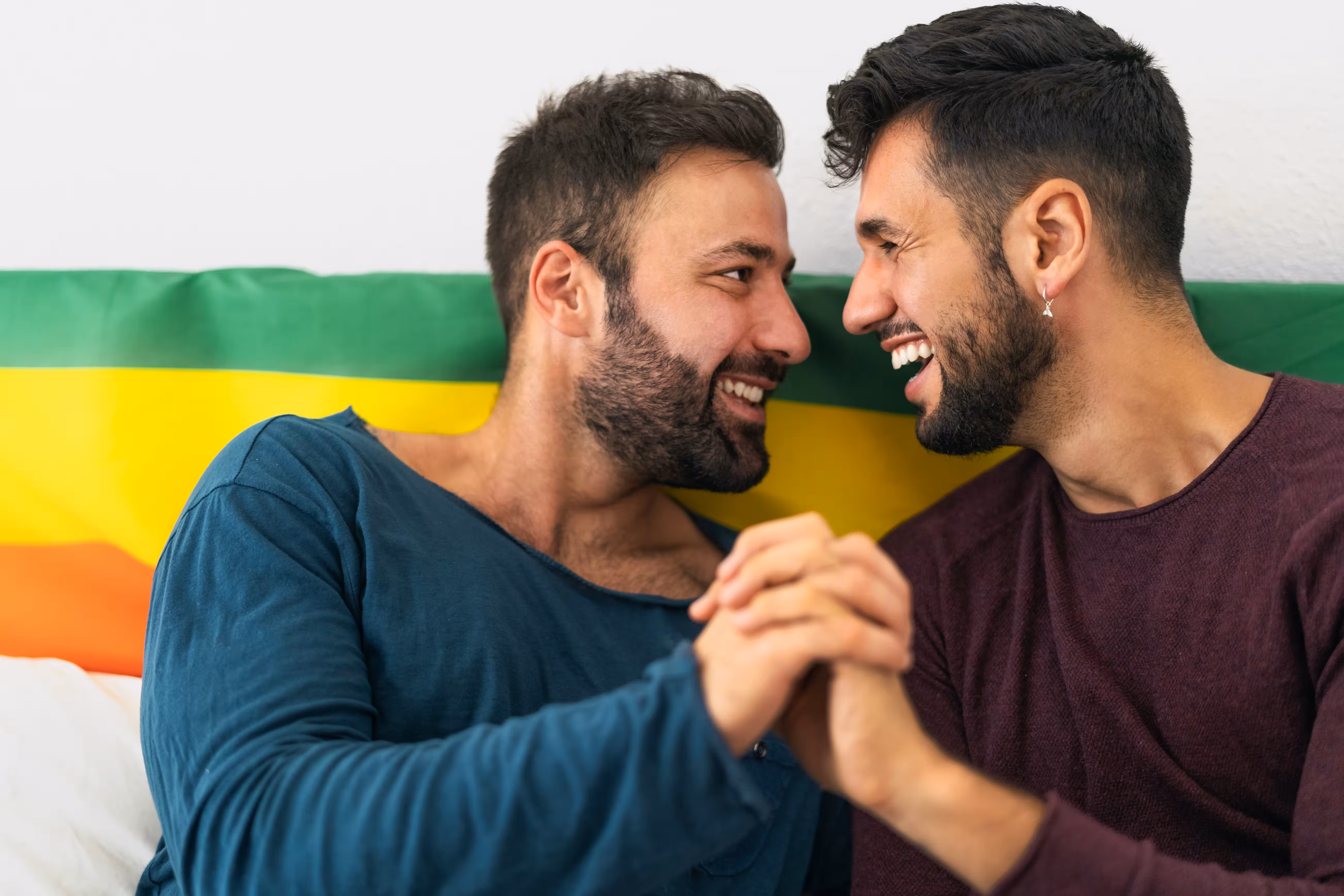 Two men holding hands in front of a rainbow flag, LGBTIQ+ partner visa Australia