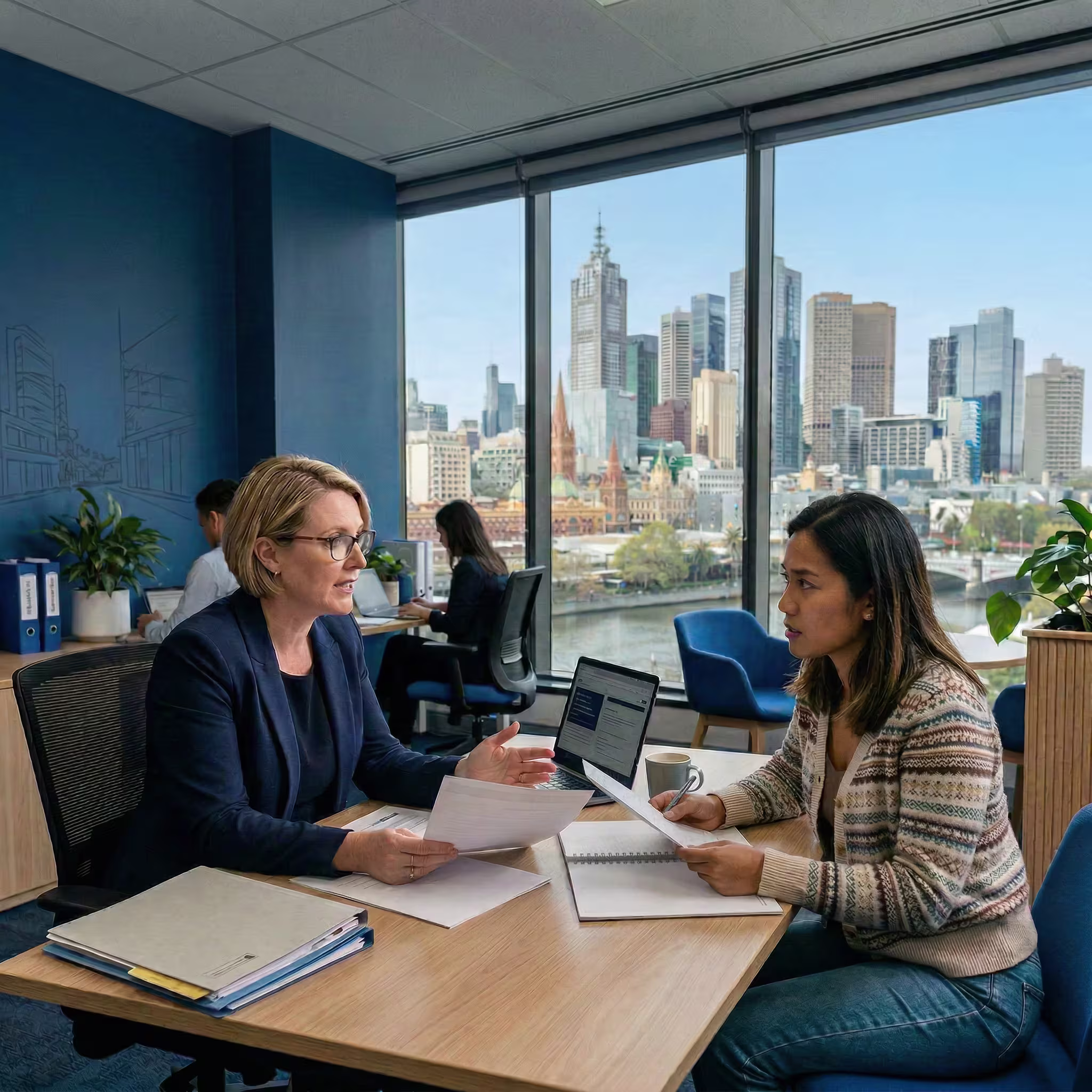 Lawyers meeting a client in a city office, working out which visa you can get