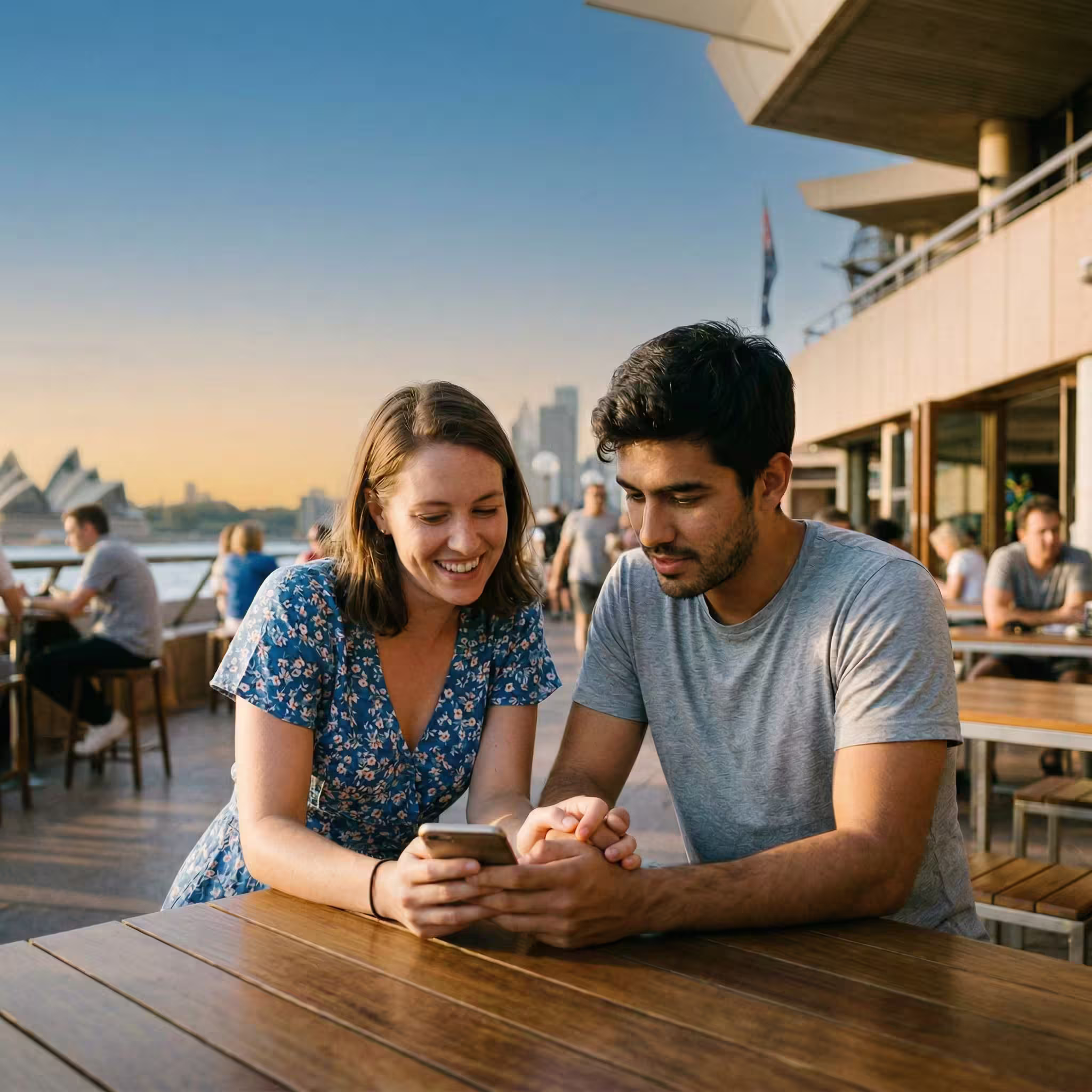 Couple at a Sydney waterfront cafe looking at a phone, Schedule 3 criteria 3001, 3003 and 3004