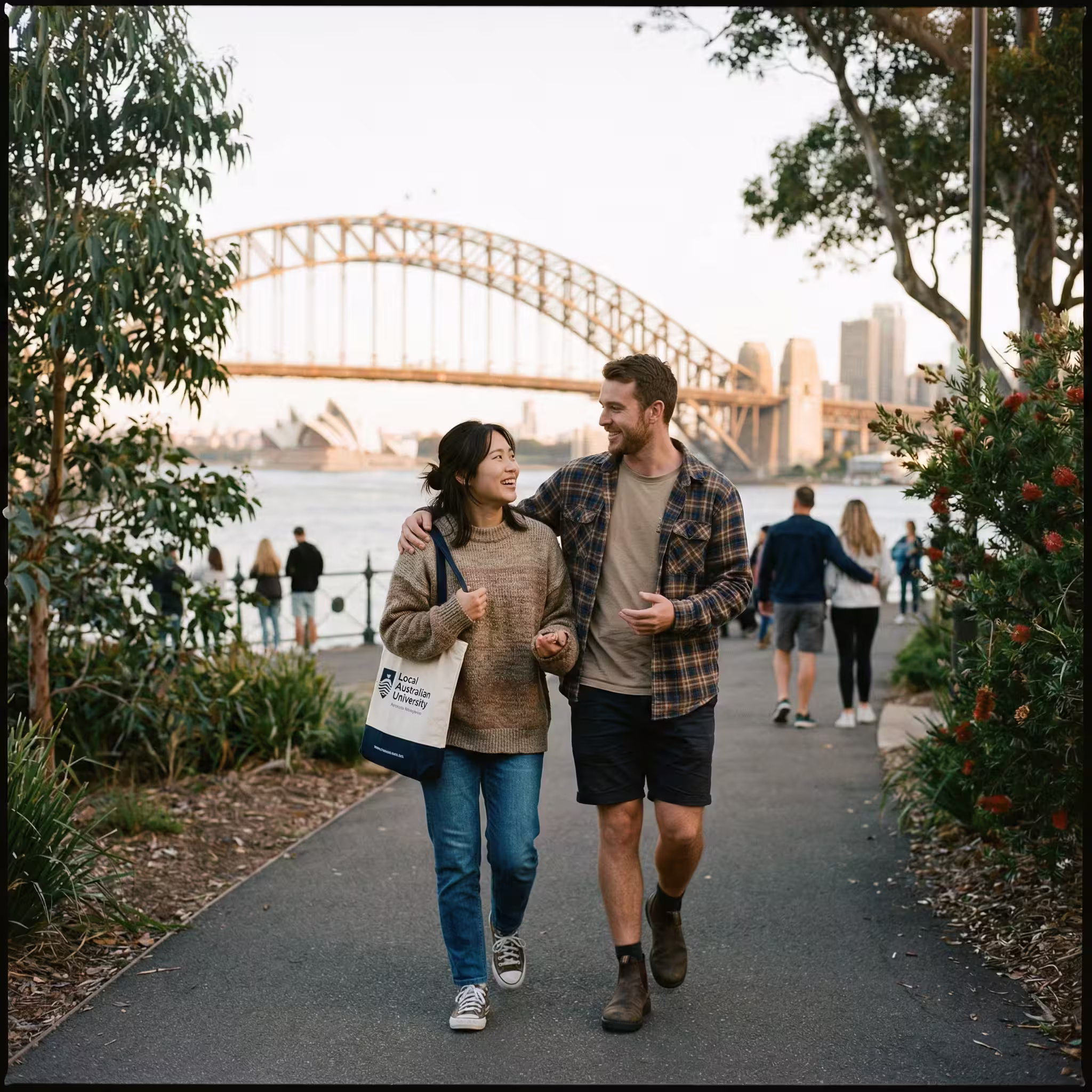 Couple walking beside Sydney Harbour, Waensila and onshore partner visa applications