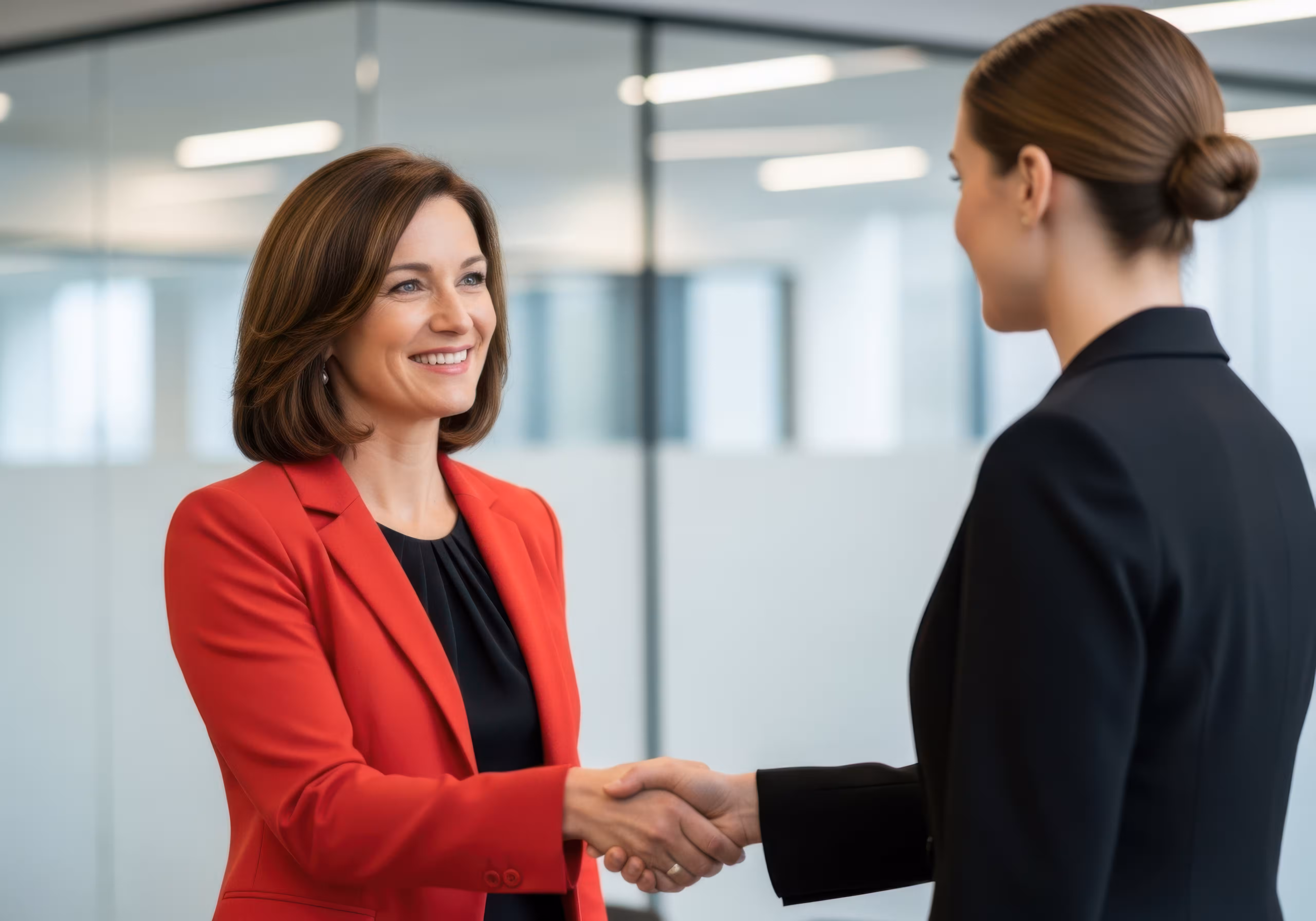 Two women shaking hands in an office, partner visa refusal appeal lawyers