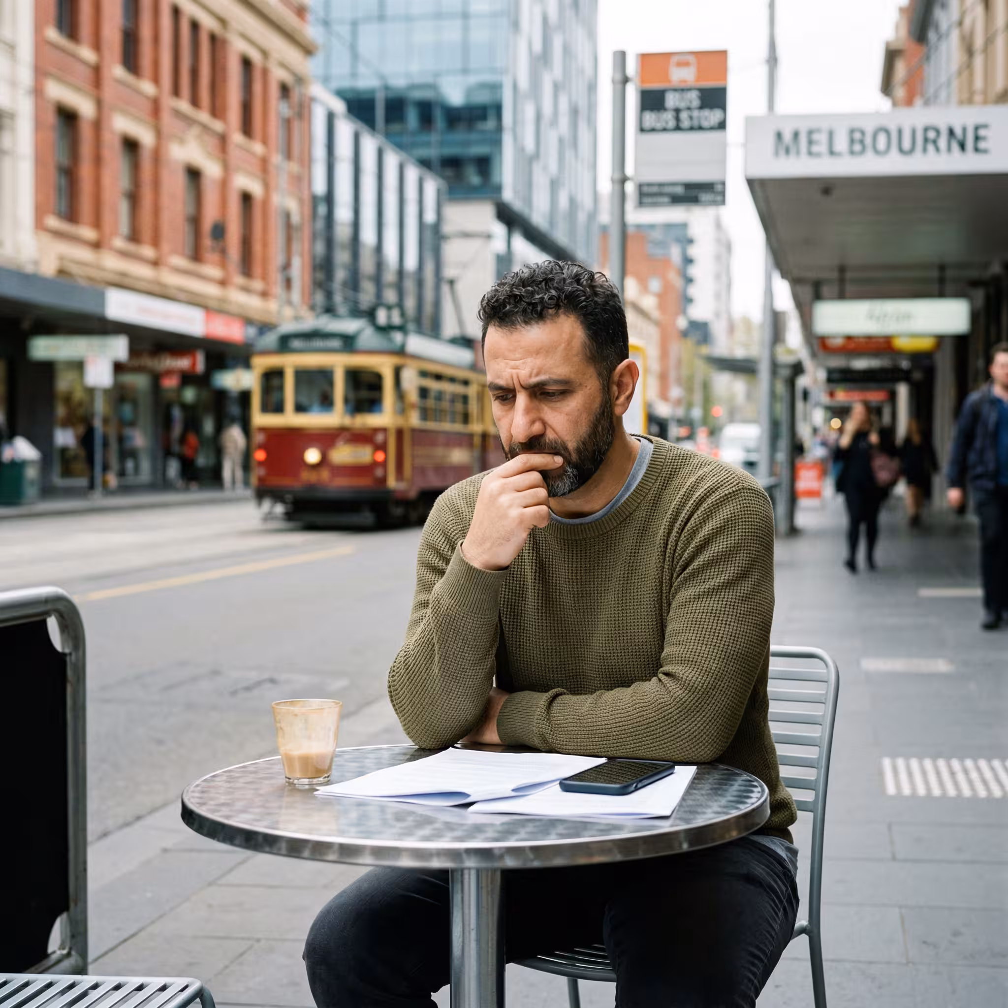 Man reading documents at an outdoor cafe in Melbourne, subclass 866 protection visa eligibility
