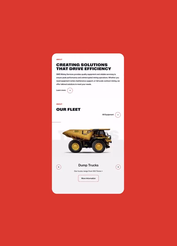 Website section showing a dump truck with text about mining solutions and fleet equipment.