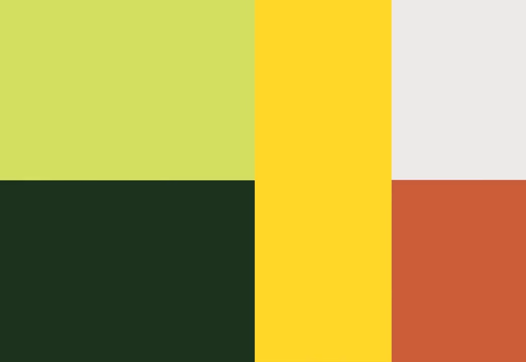 Abstract composition of six vertical and horizontal color blocks in green, yellow, white, and red tones.