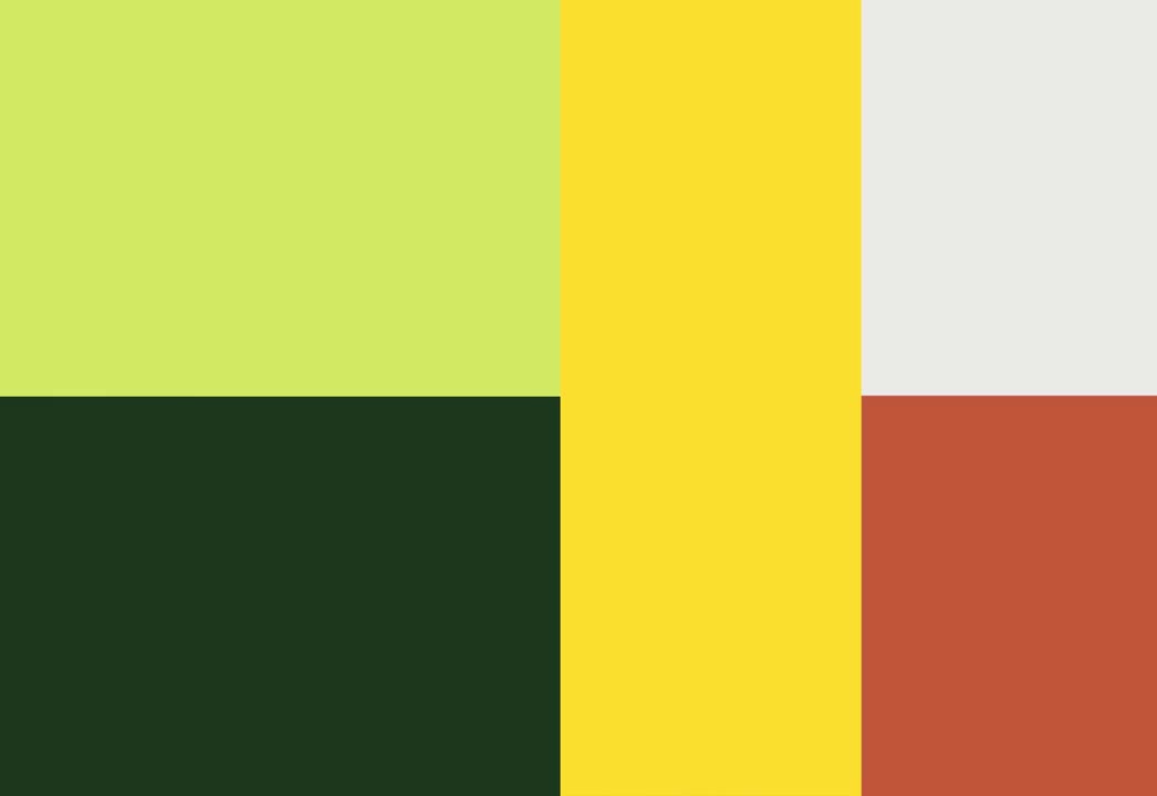 Abstract composition of six vertical and horizontal color blocks in green, yellow, white, and red tones.