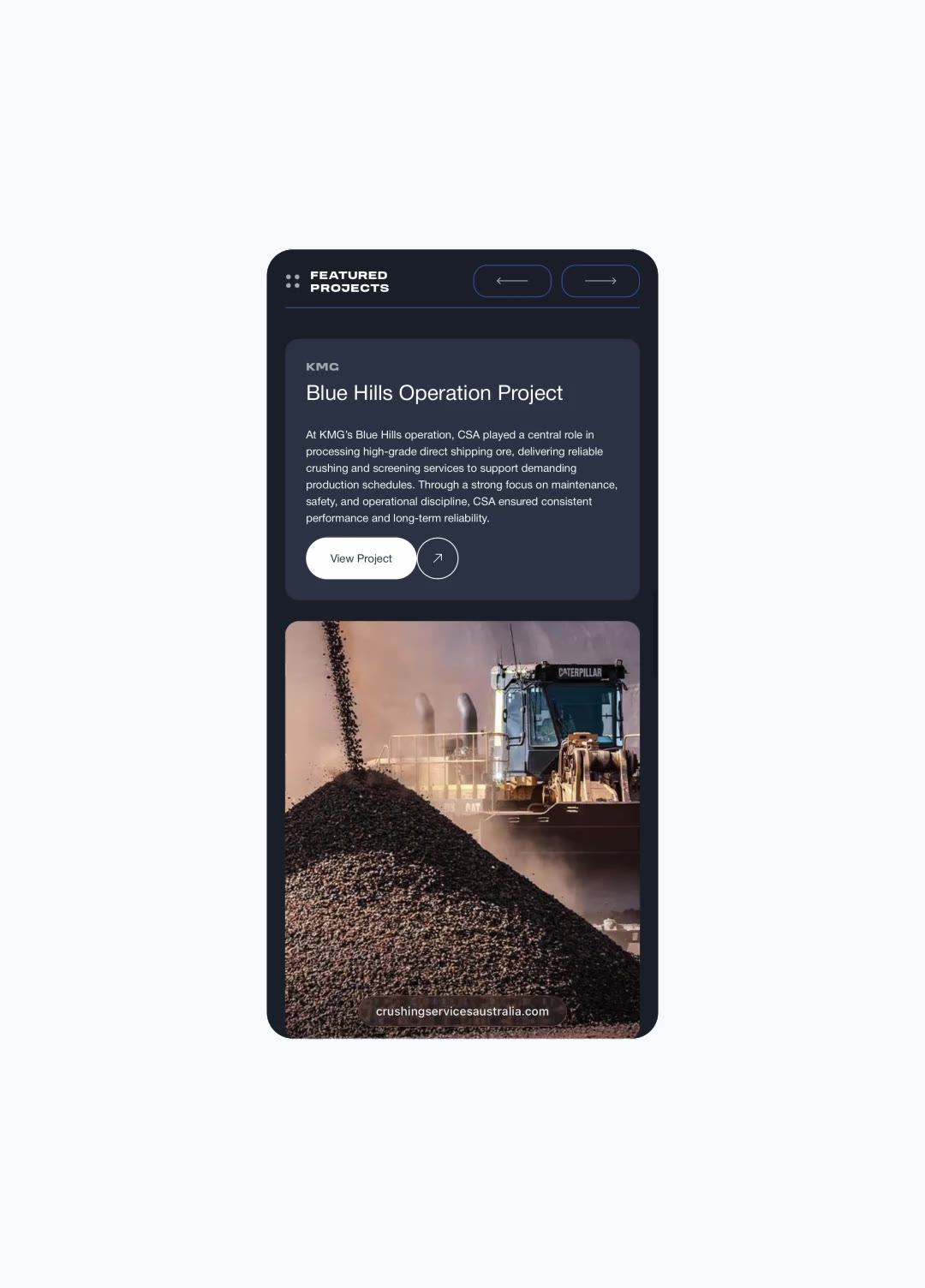 Webpage section showing a project description with a mining machine depositing crushed ore into a large pile.