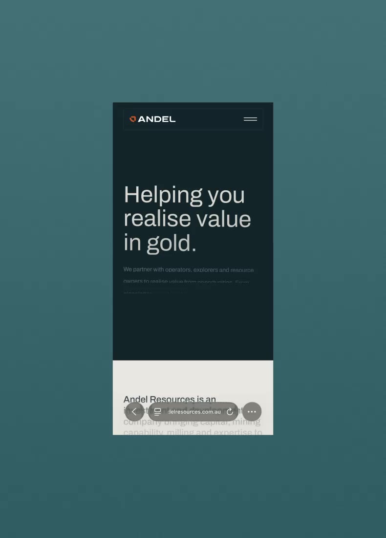 Mobile screen showing ANDEL website header with text helping you realise value in gold.