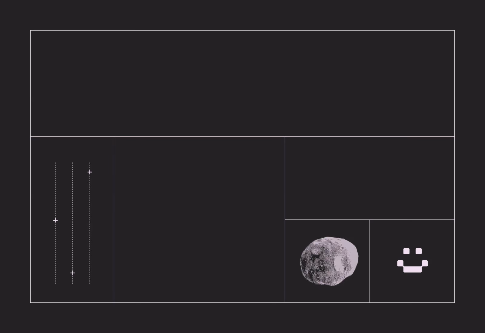 Dark grid layout with a textured gray asteroid image and a pixelated smiley face icon on the right.