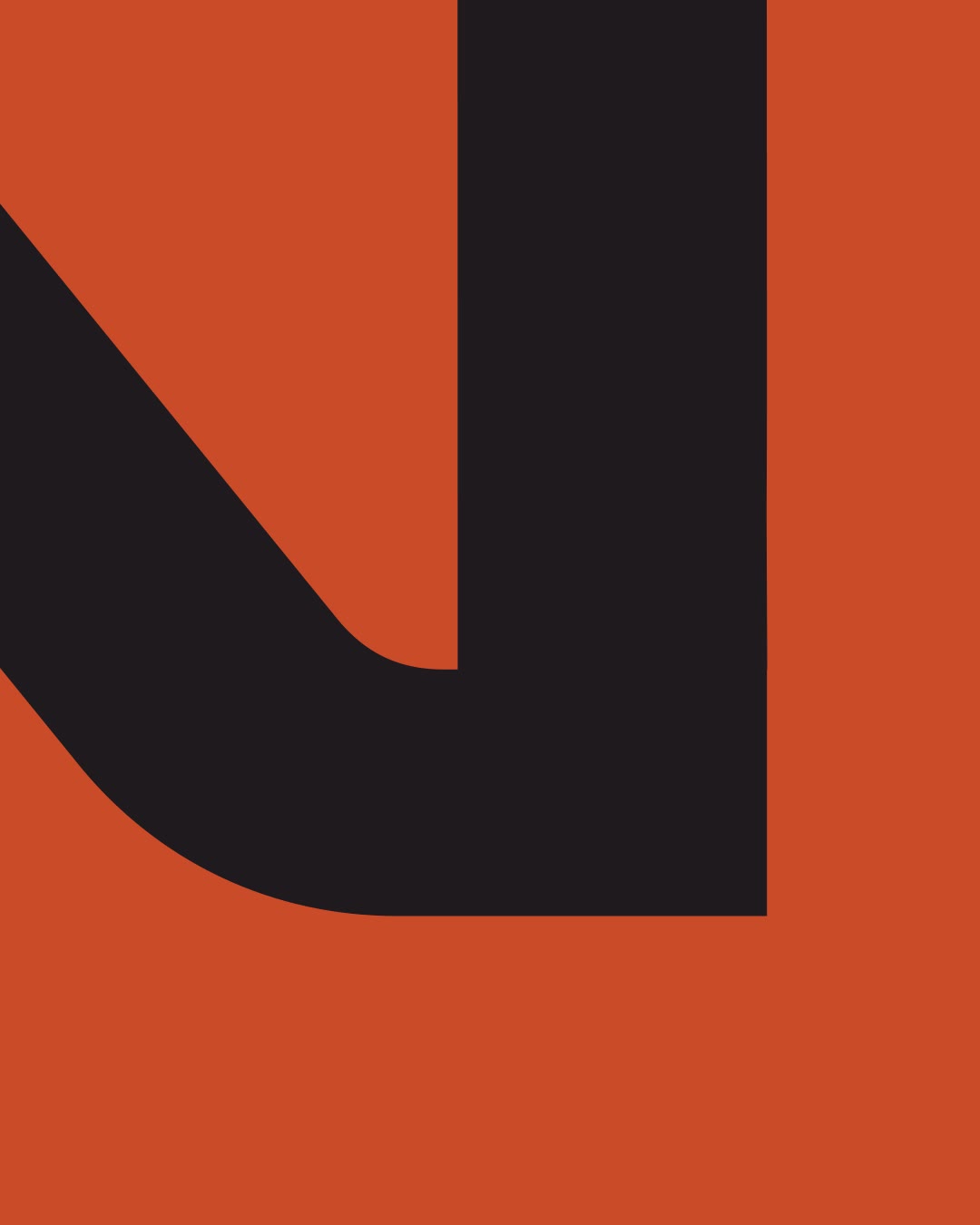Bold black abstract angular shape on a muted orange background.