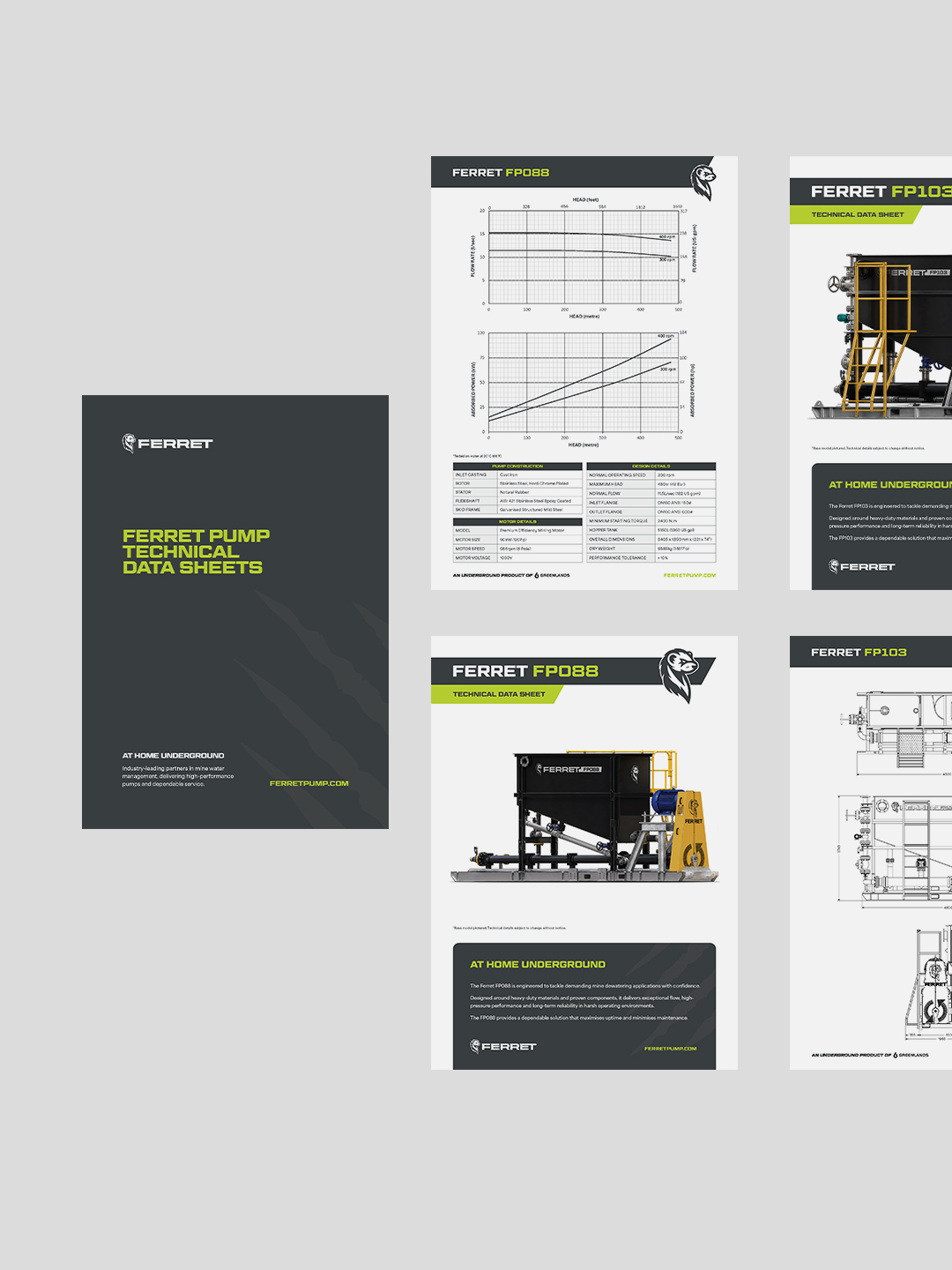 Ferret pump technical data sheet system showing product specifications, performance charts and equipment imagery.