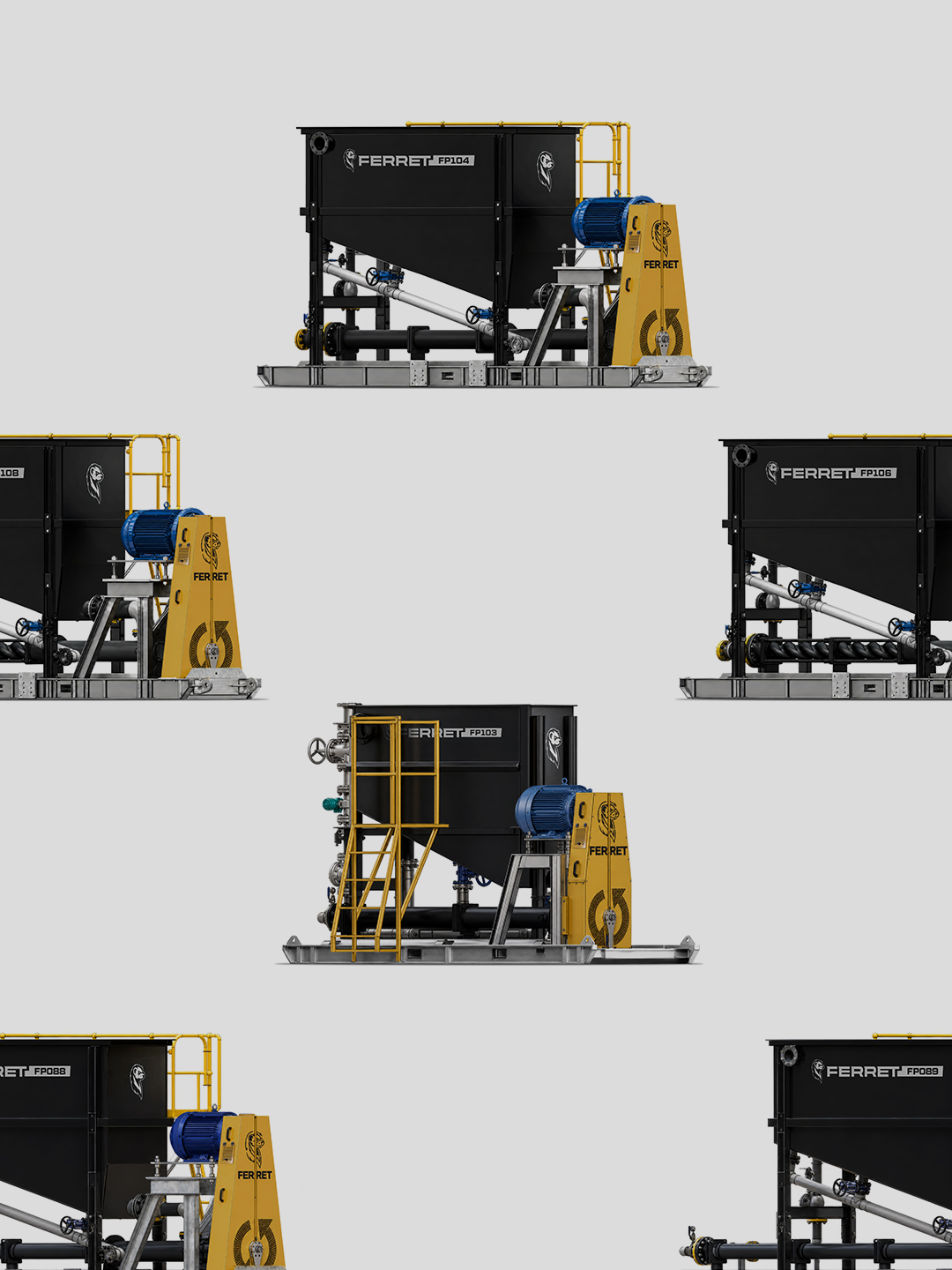 Range of black and yellow Ferret underground pump systems arranged on a light background.