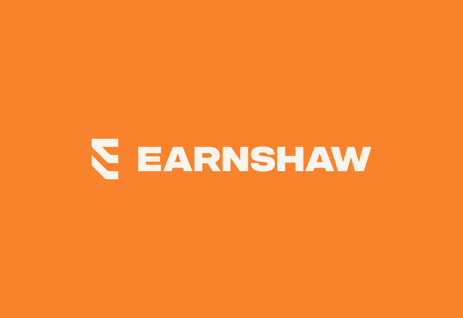White Earnshaw agricultural machinery wordmark and geometric E symbol on an orange background.