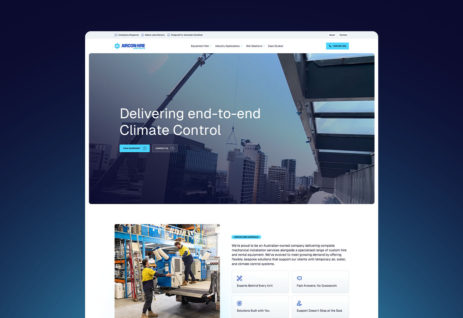 Aircon Hire Australia website homepage featuring its climate control equipment hire services.