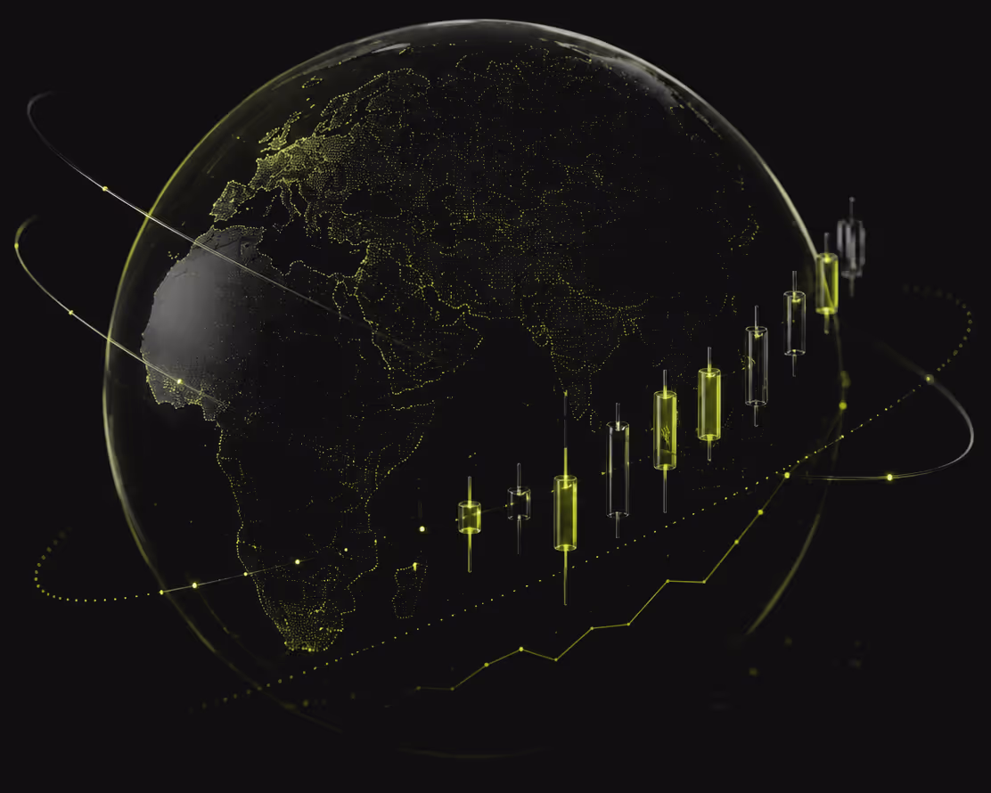 Dark digital Earth showing Africa, Europe, Asia with glowing yellow data points and candlestick charts.