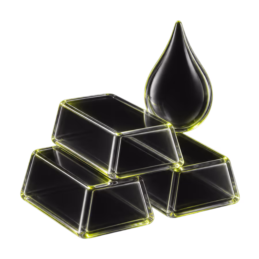 Three transparent gold bars stacked with a black drop symbol behind them.