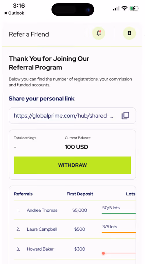 Referral program dashboard showing current balance 100 USD and details of three referrals with deposits and trading lots.