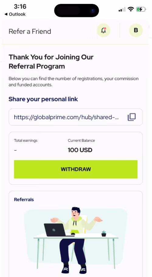 Referral program page showing personal link, current balance 100 USD, and a cartoon person at a desk.