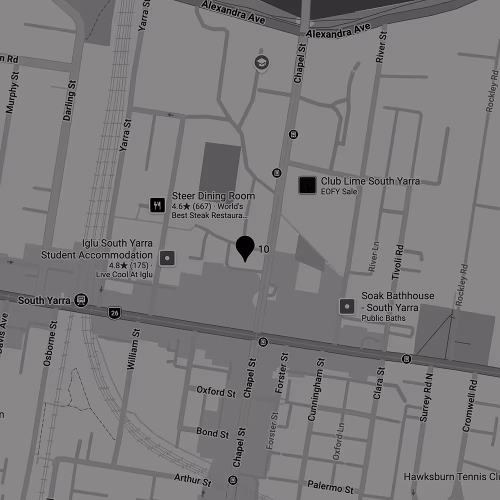 Map showing South Yarra area with streets, locations including Steer Dining Room and Soak Bathhouse.