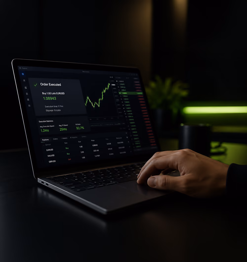 Hand using laptop showing a trading platform with order executed and real-time currency charts.