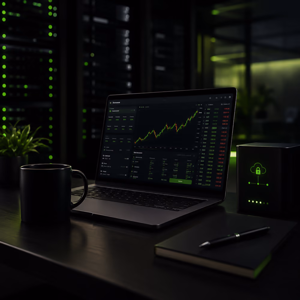 Laptop on desk with financial charts, black coffee mug, notebook, and pen in a dark server room.
