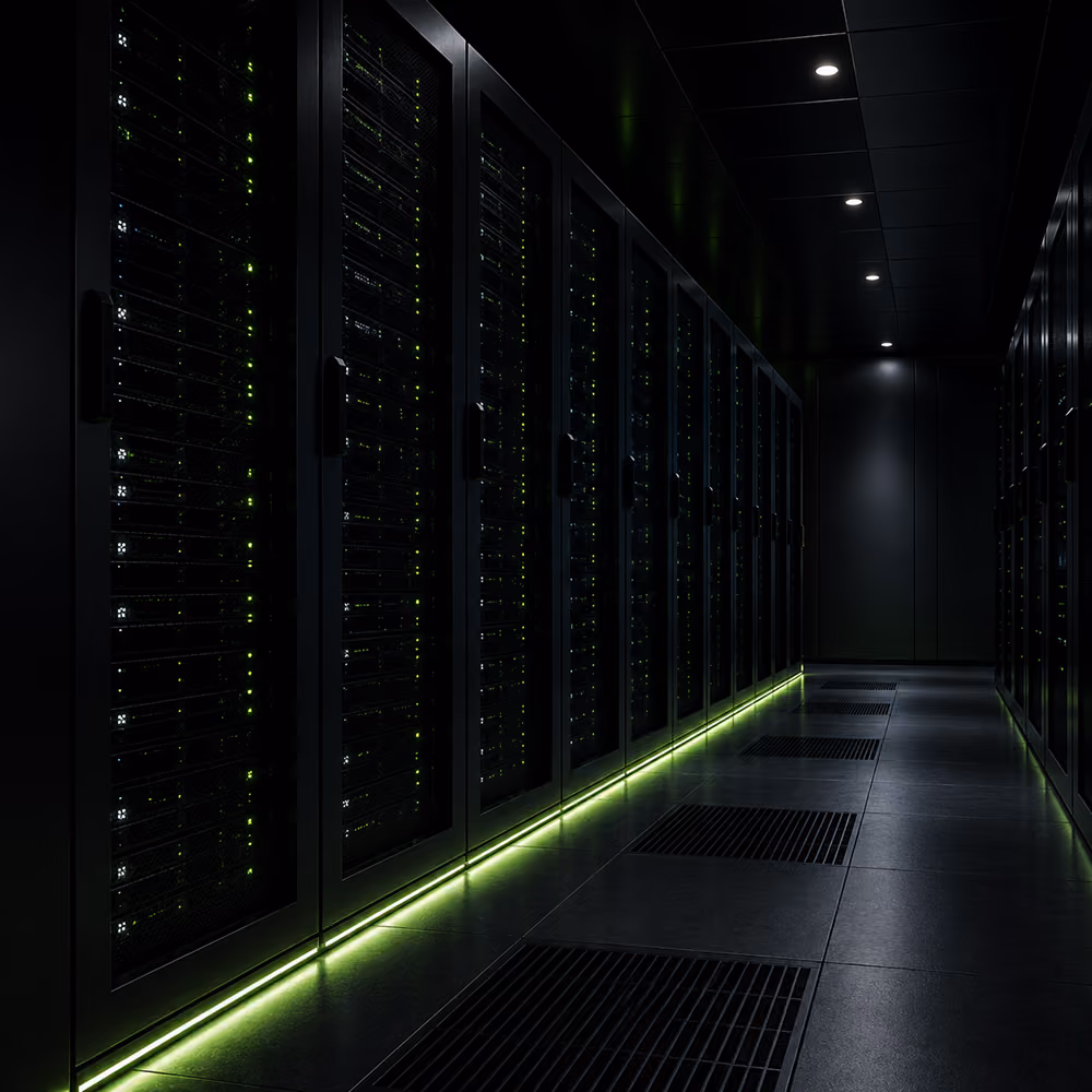 Rows of server racks with green indicator lights in a dimly lit data center corridor.