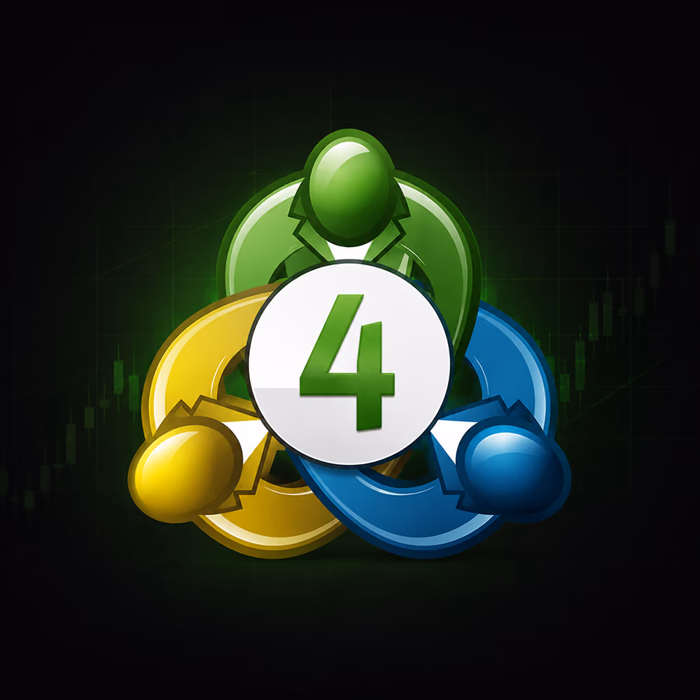 MetaTrader 4 logo with green, yellow, and blue abstract figures forming a circle around a white 4.