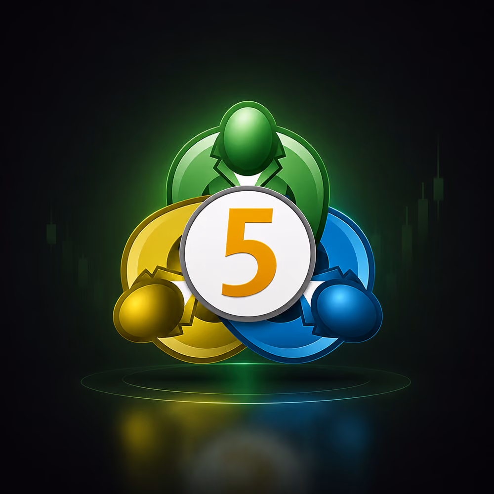 MetaTrader 5 logo with green, yellow, and blue figures around a white circle with number 5.