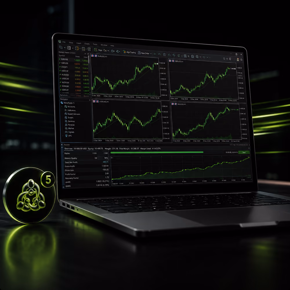 Laptop displaying multiple financial charts and graphs with a glowing green circular icon nearby.