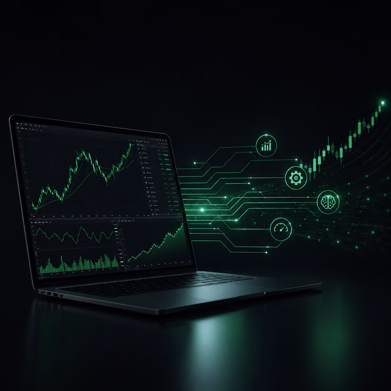 Laptop showing green financial charts and icons representing trading automation and analytics.