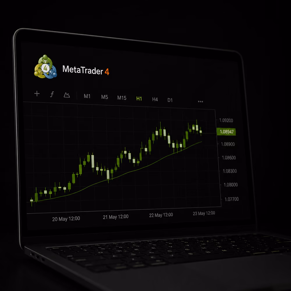 Laptop screen showing MetaTrader 4 platform with a green candlestick price chart and time scale.