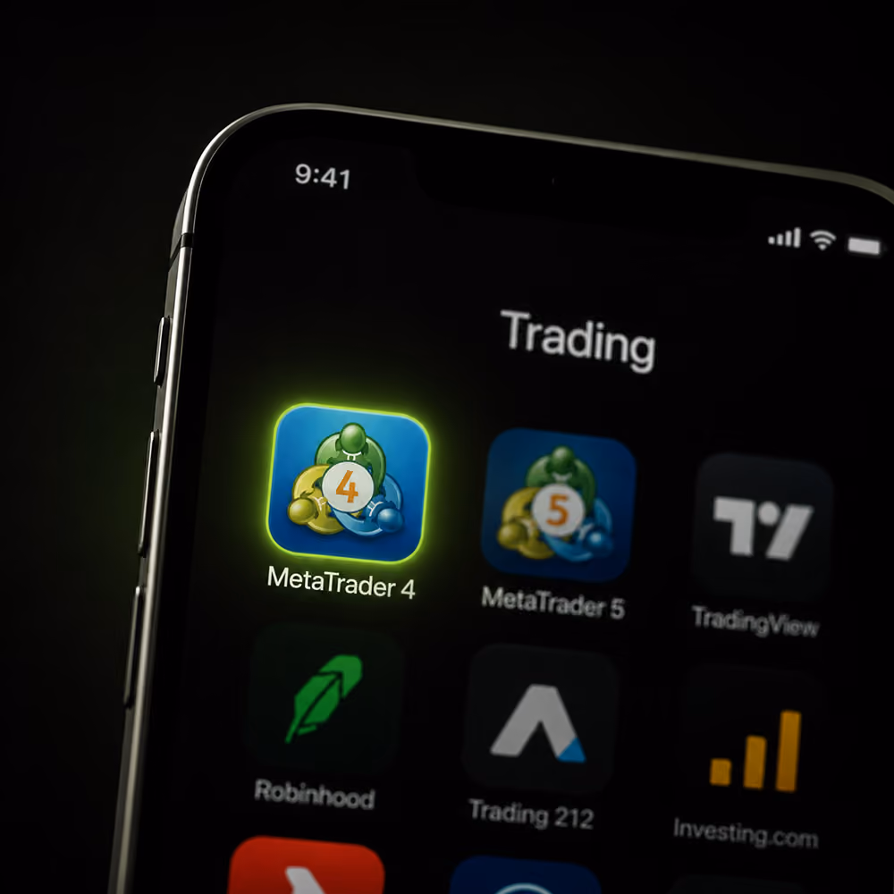 Smartphone screen showing trading apps including MetaTrader 4, MetaTrader 5, Robinhood, Trading 212, and Investing.com.