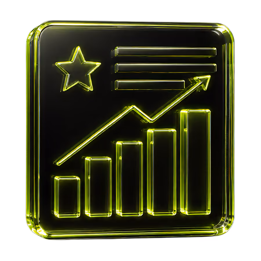 Glowing yellow 3D bar chart with upward arrow, star, and text lines on black square background.