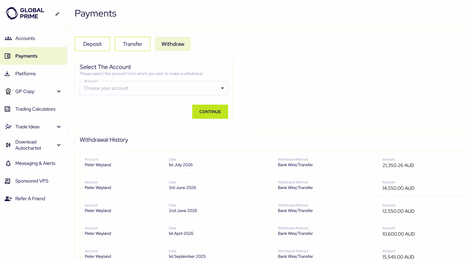 Global Prime Payments page showing withdrawal tab with account selection and withdrawal history.