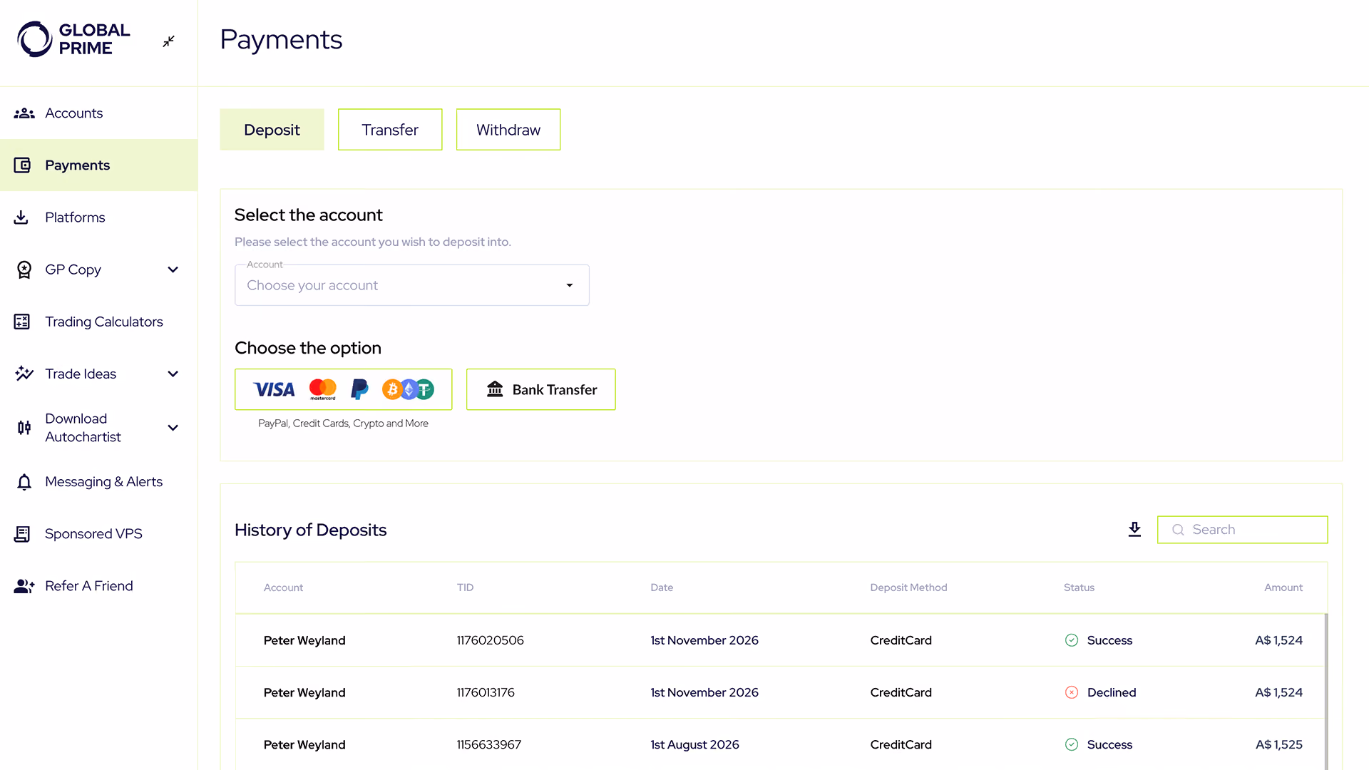 Global Prime payments page showing deposit options including Visa, PayPal, crypto, and bank transfer.