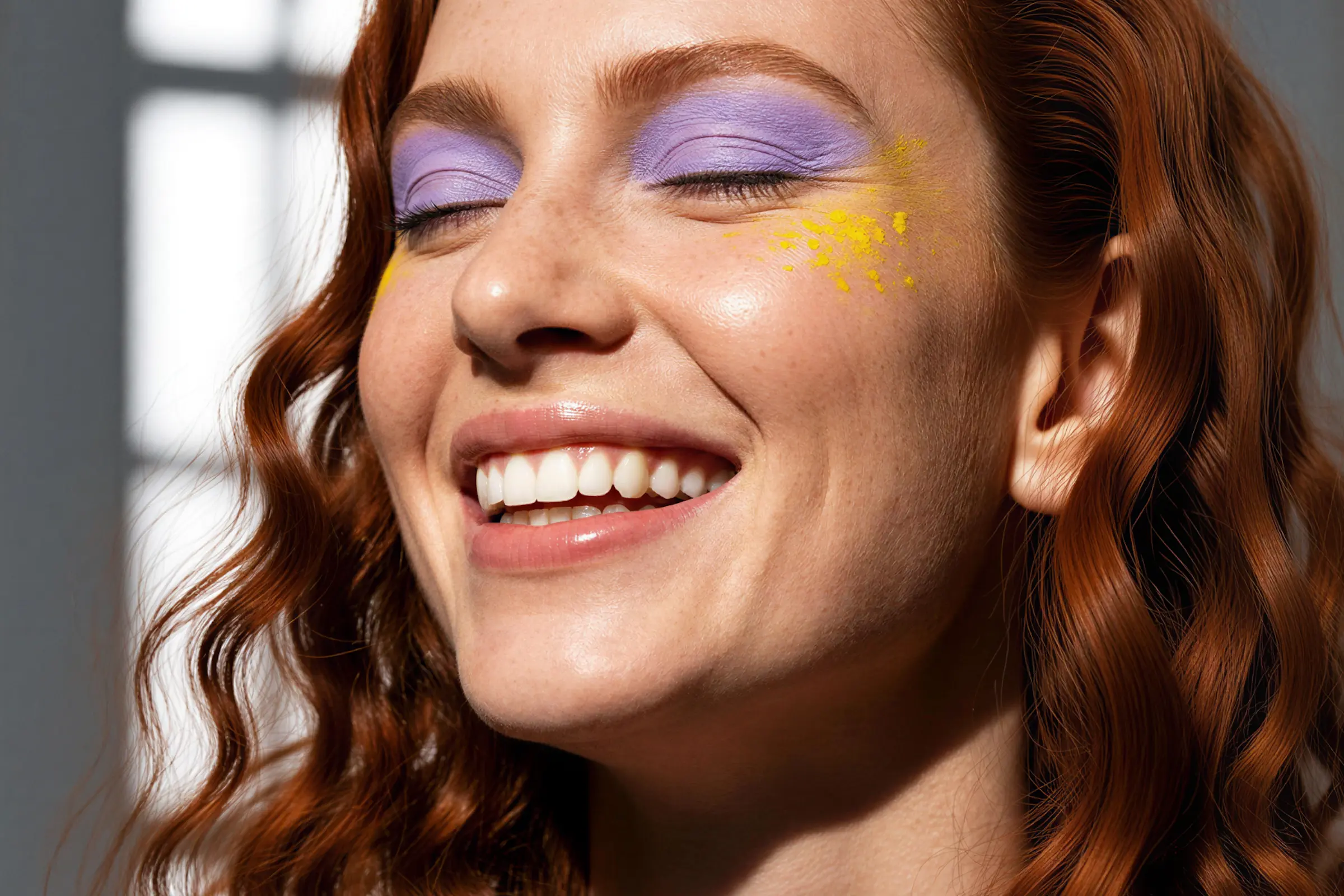 Close-up of a smiling woman with curly red hair, lavender eyeshadow, and yellow paint speckles on her cheek.