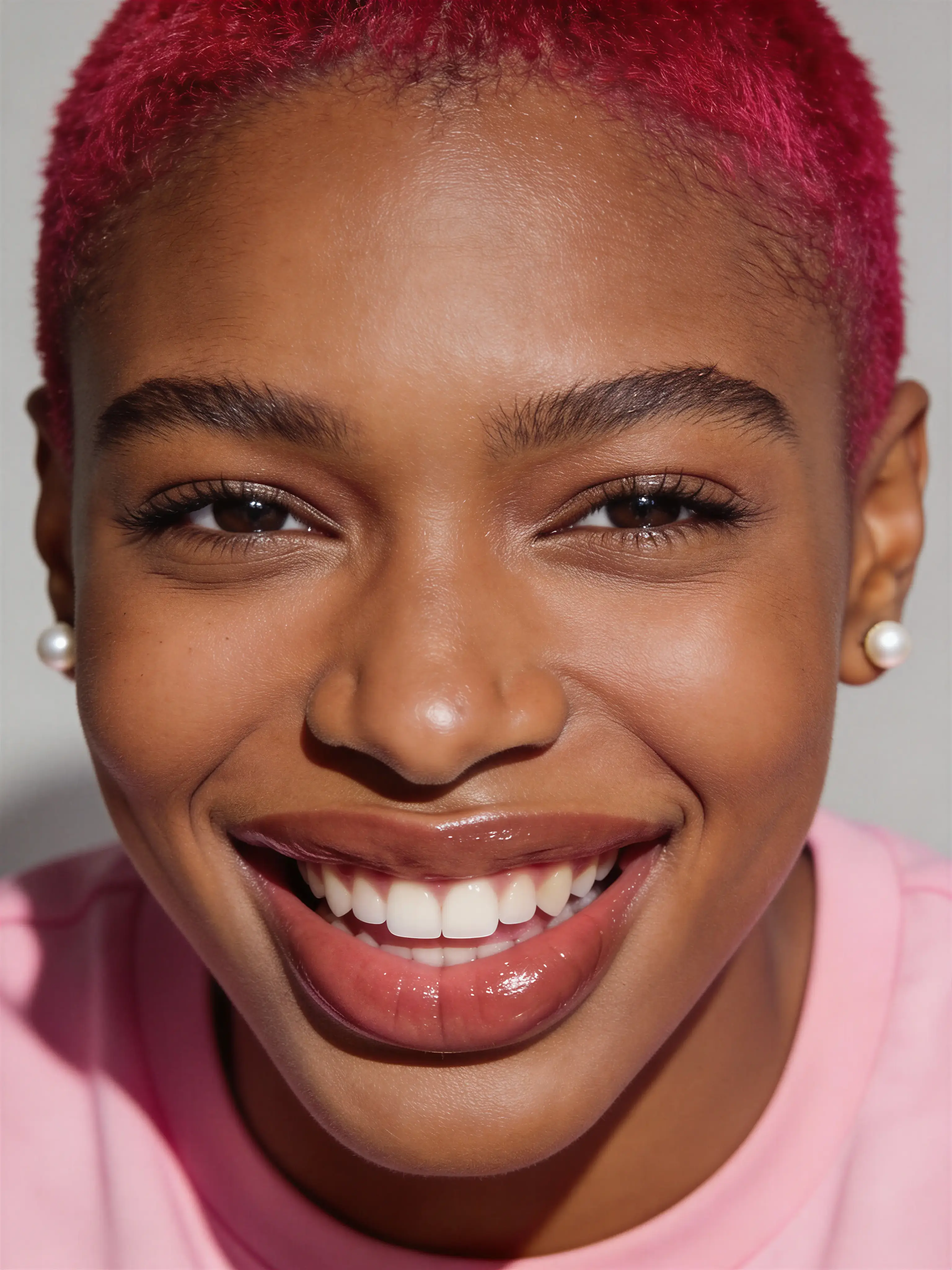 Close-up of a smiling person with short vibrant pink hair, wearing pearl earrings and a pink top.