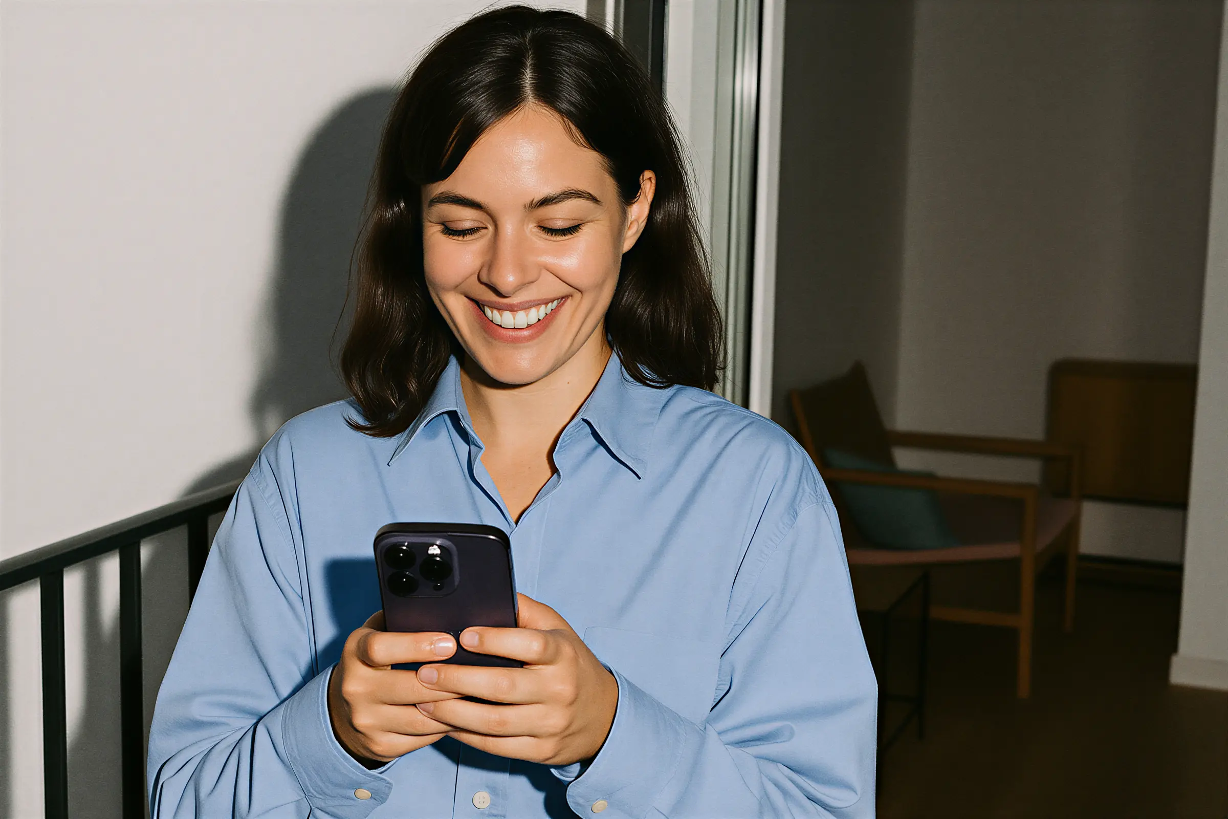 Smiling woman in a light blue shirt looking at her smartphone indoors.
