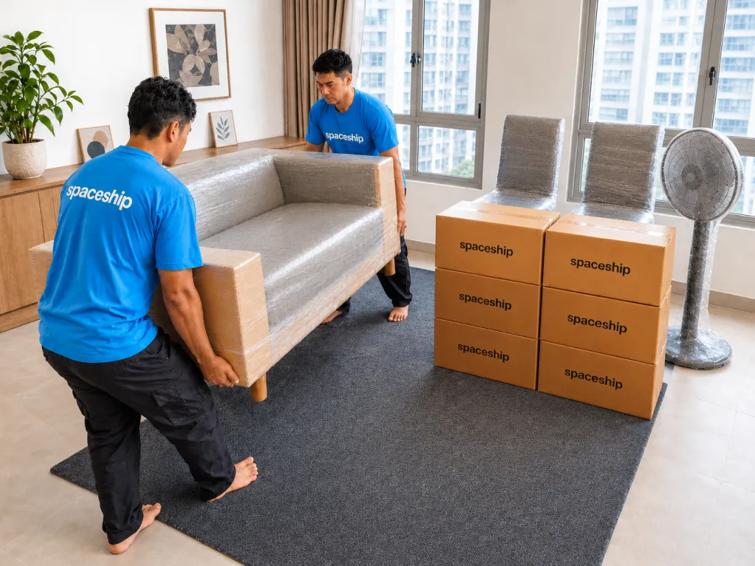 Spaceship movers collecting and protecting belongings for door-to-door storage in Singapore