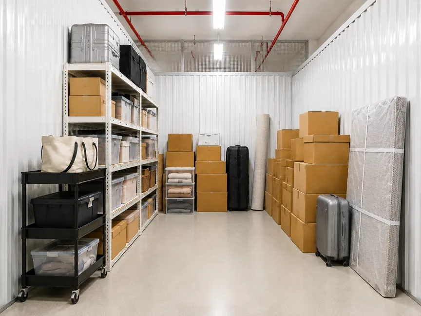 Private self storage unit with household items and cartons