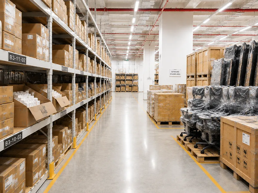 Warehouse storage shelves with boxed inventory and palletized equipment in Singapore