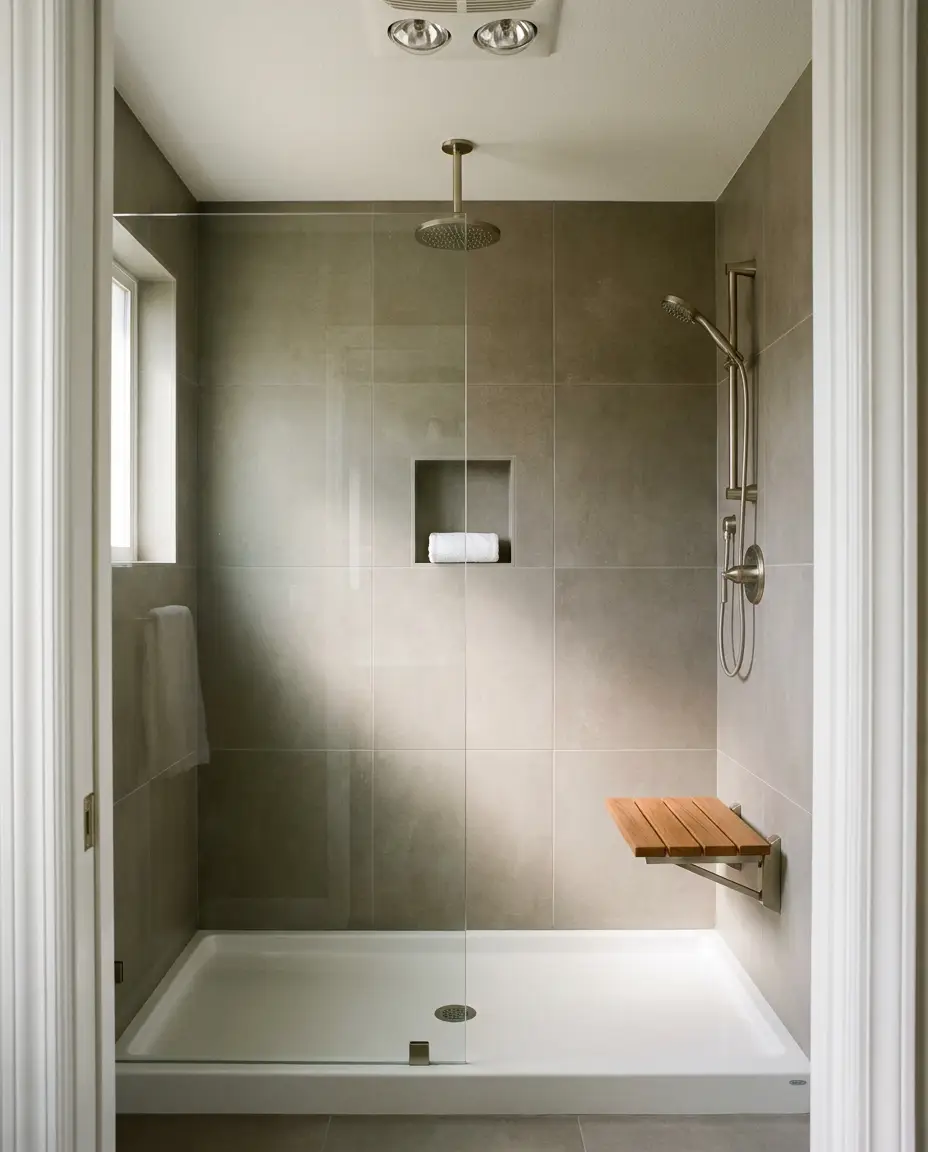 Frameless walk-in shower with low-threshold base and brushed nickel fixtures, installed in London Ontario by Sterling Shower Co.