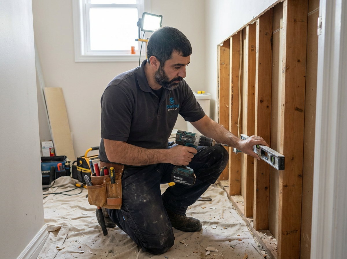 Tatios Kechicha fitting blocking between studs during a walk-in shower installation in London Ontario