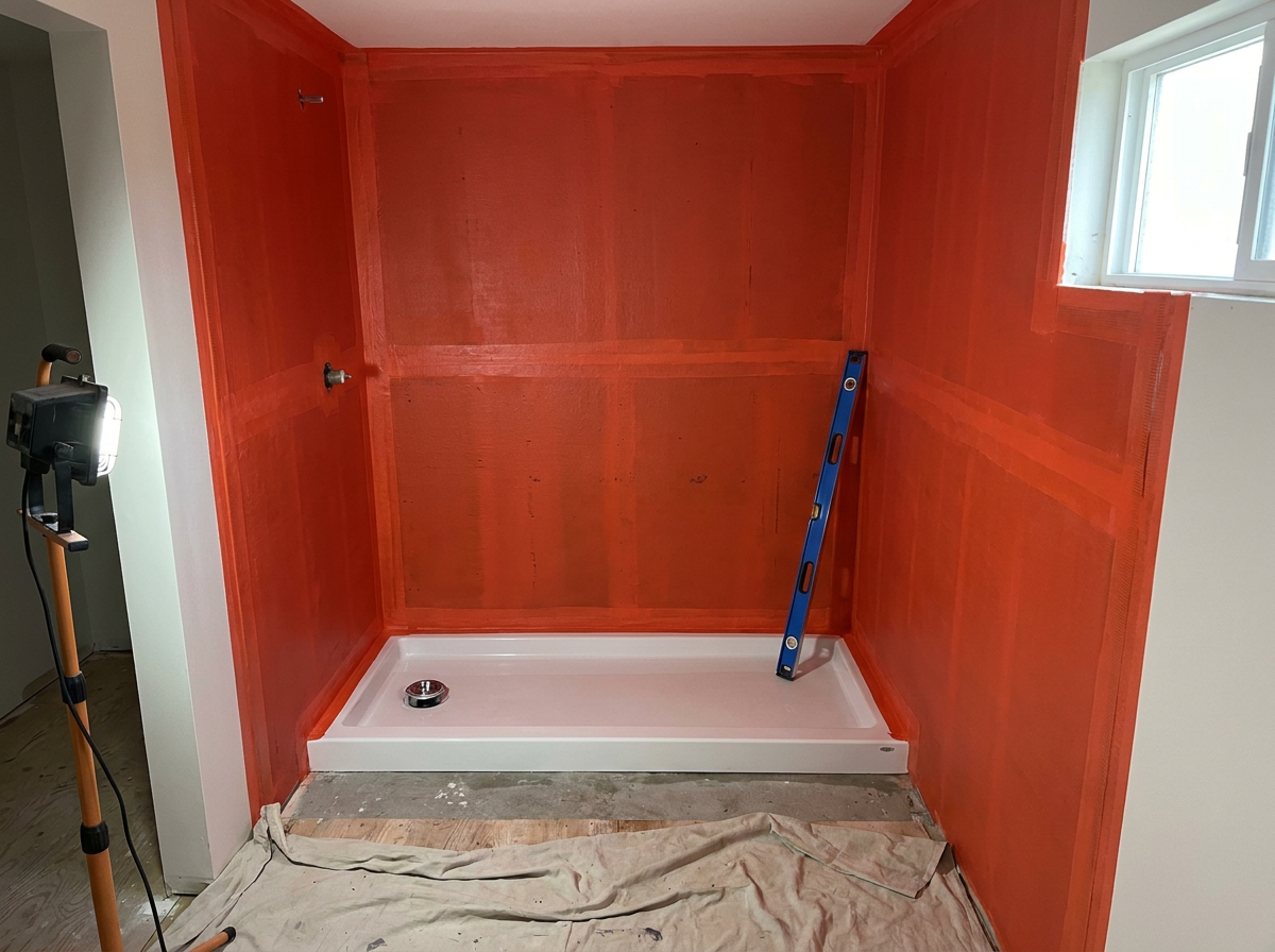 Shower alcove with waterproofing membrane applied over backer board before panels go on