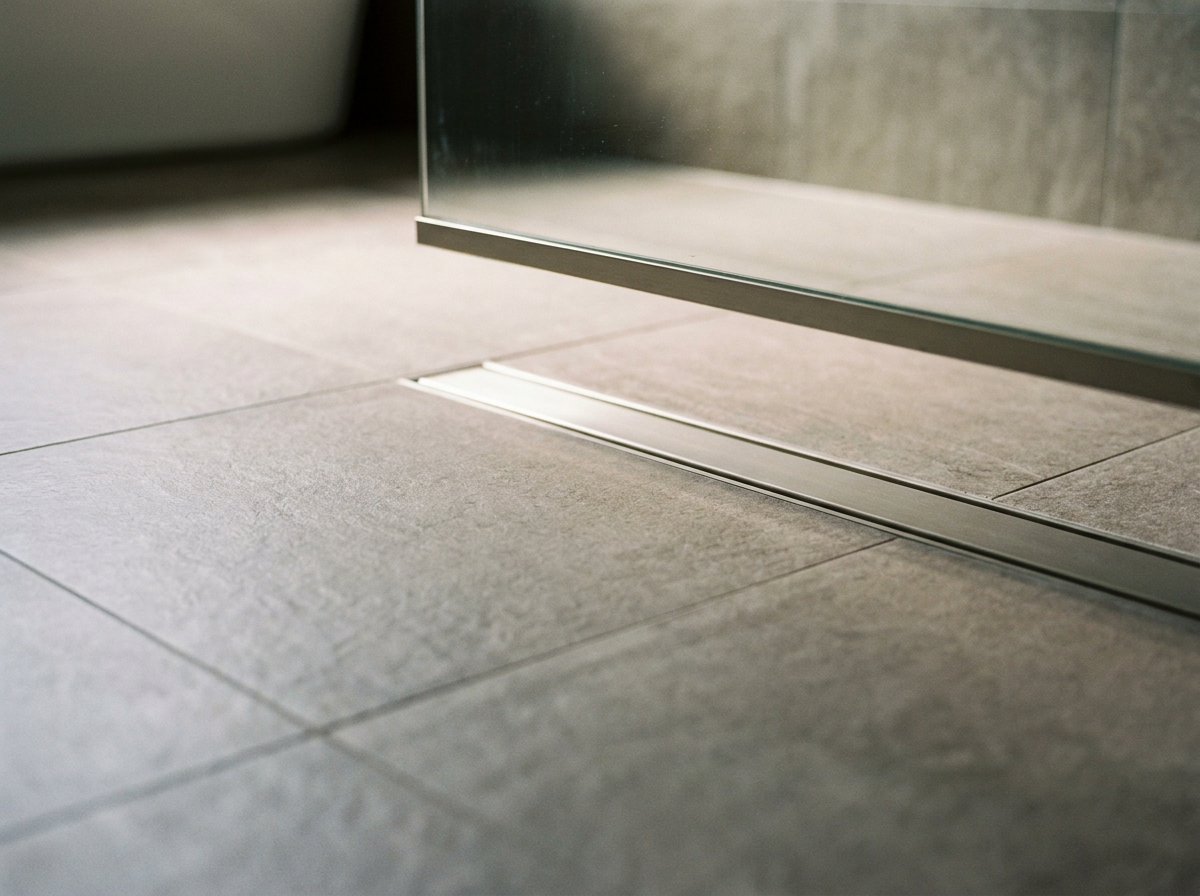 Curbless shower entry with linear drain and no threshold, Hyde Park London Ontario
