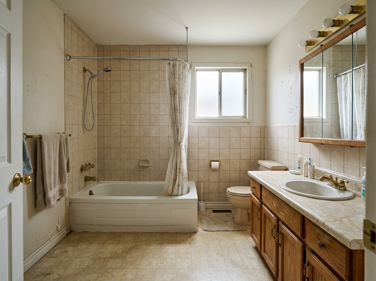 Dated bathroom with original bathtub before a walk-in shower conversion in London Ontario
