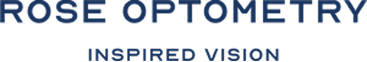 Logo with text Rose Optometry inspired vision in dark blue font on white background.
