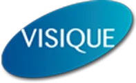 Visique brand name in white letters on a blue oval background.