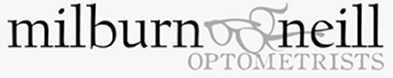 Milburn and Neill Optometrists logo with eyeglasses icon between the names.