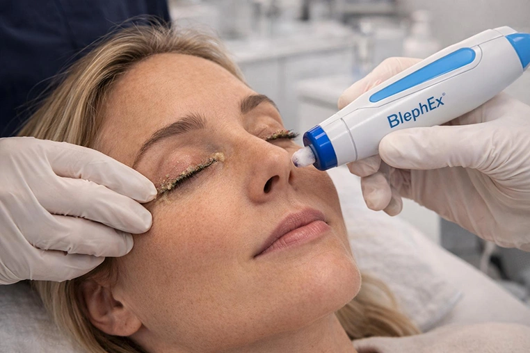 Close-up of woman receiving eyelid cleaning with a BlephEx device by gloved hands.